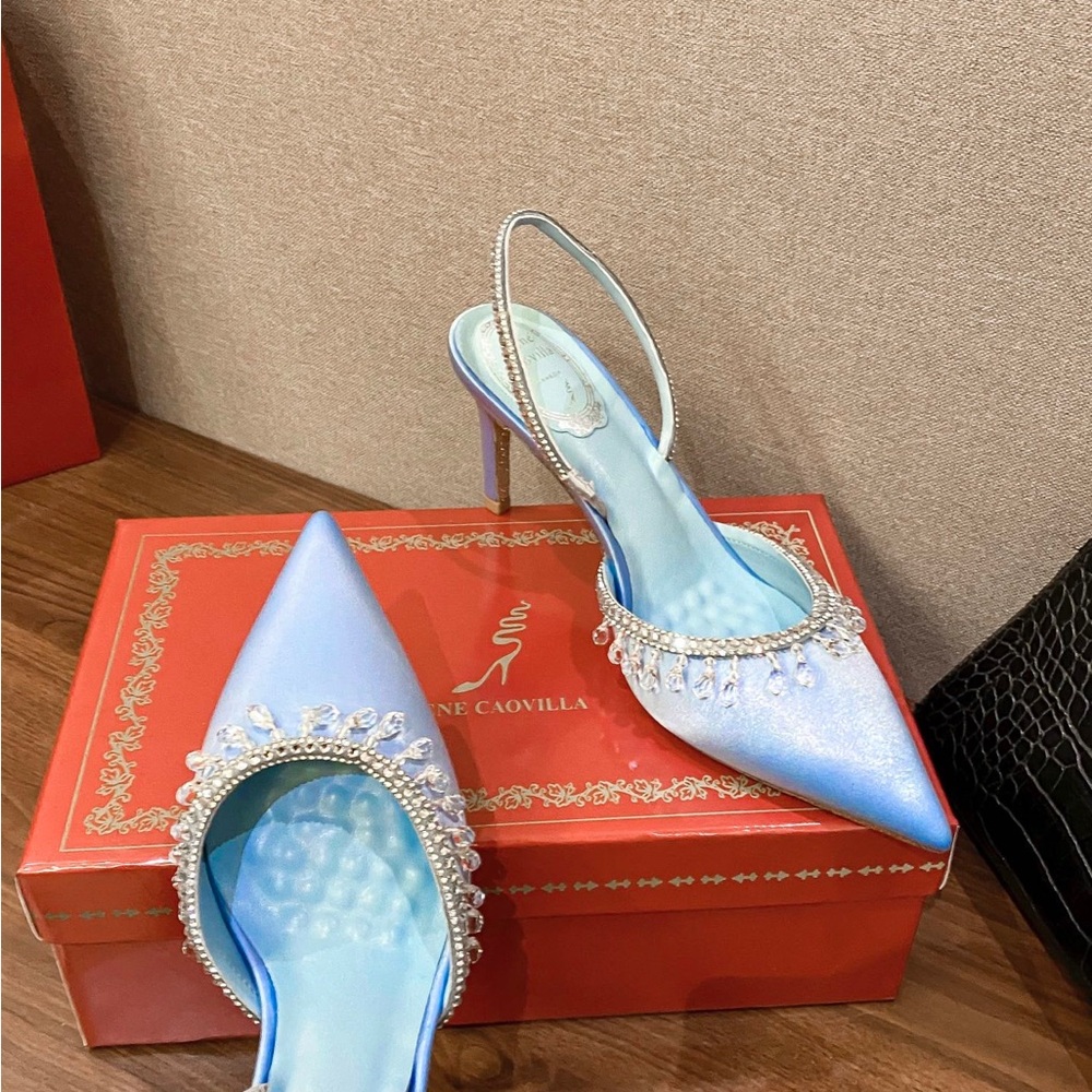 Light Blue Satin Pointed Slingback Heels with Crystal Teardrop Trim - Picture 6 of 8
